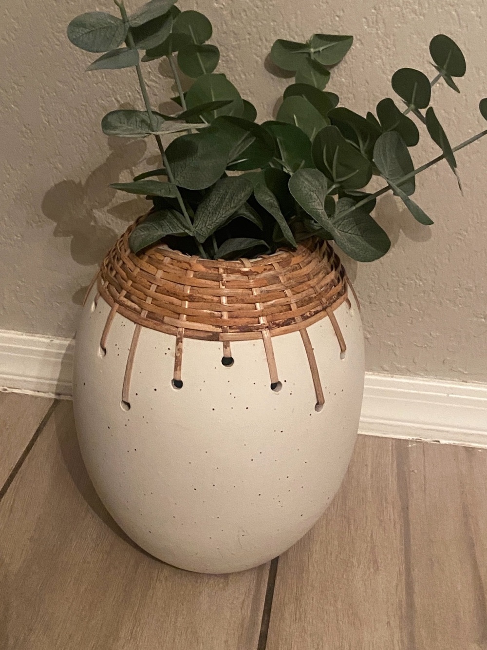 Clay Nomad Vase 10 “ with Woven Cane Top - EUC Boho Accent
